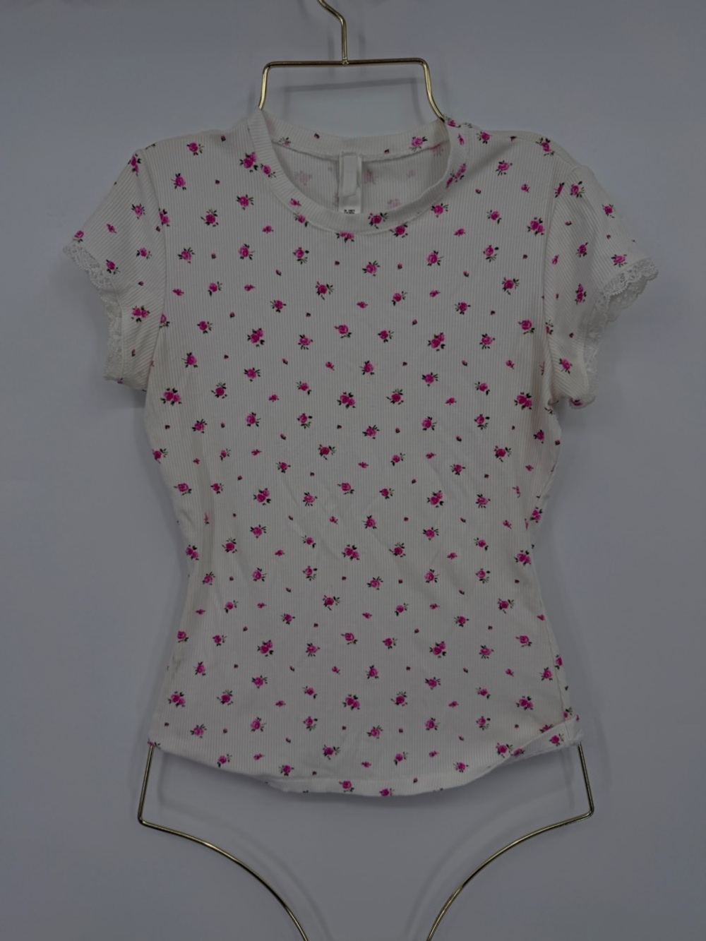 SKIMS Floral Ribbed Baby Tee Lace Trim Soft Lounge Top XS